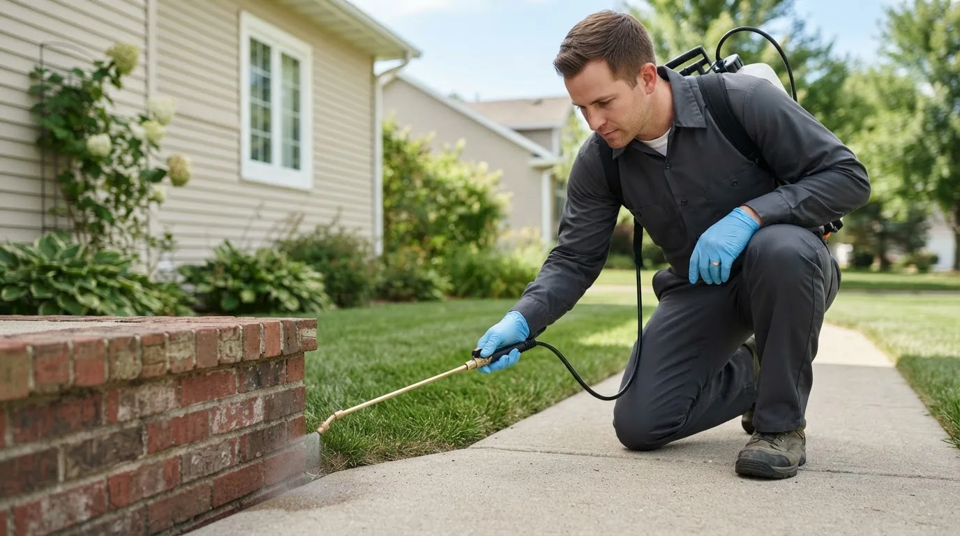 Pest control technician treating a home near Pine Village, IN