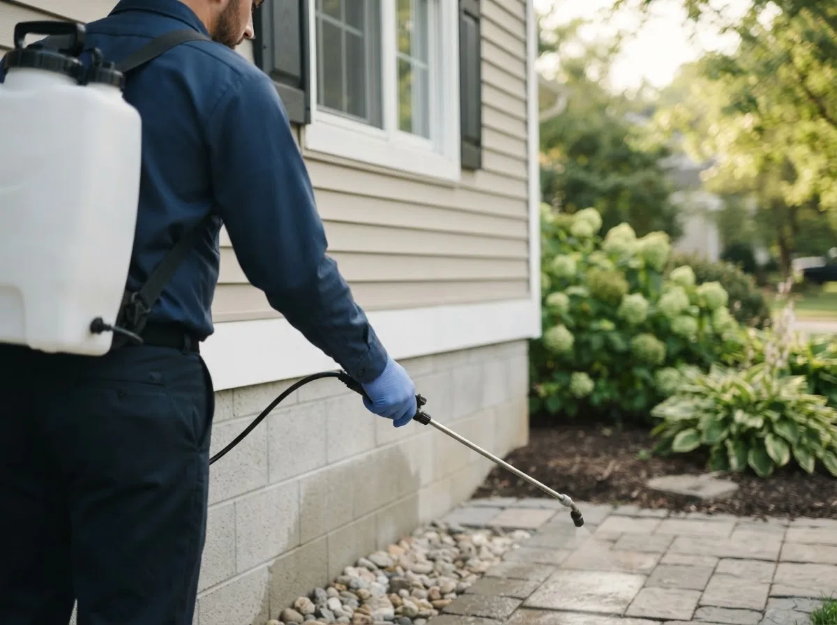 Pest control technician inspecting a home in Pine Village, IN